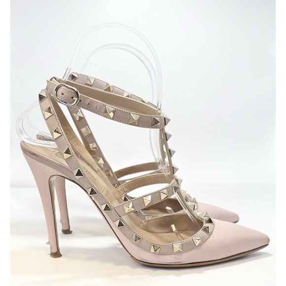 Valentino Garavani Rockstud Ankle Strap Pump Baby Pink w/ Gold Studs Sz EU 37.5 - Picture 1 of 14